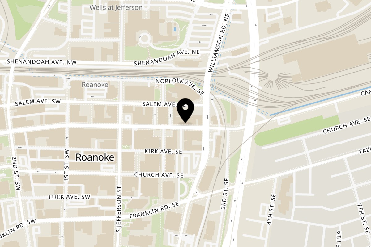Map showing the location of Nawab Indian Cuisine on 118 Campbell Ave SE A in Roanoke